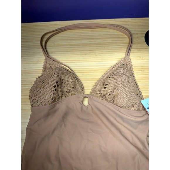 Shade & Shore Other - Shade & Shore Women's One Piece Swimsuit Crochet High Leg Cheeky Tan S NWT